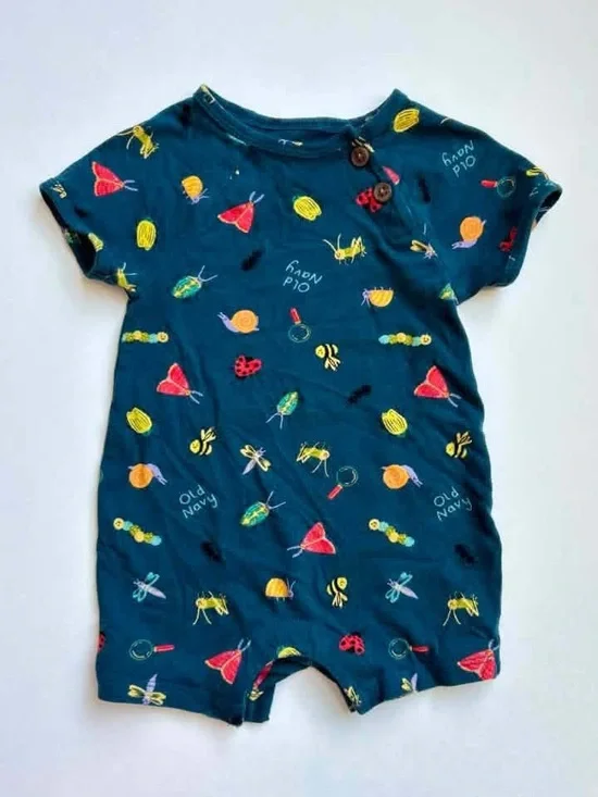 Old Navy Teal Short-Sleeve Baby Romper with Bug & Snail Motif
