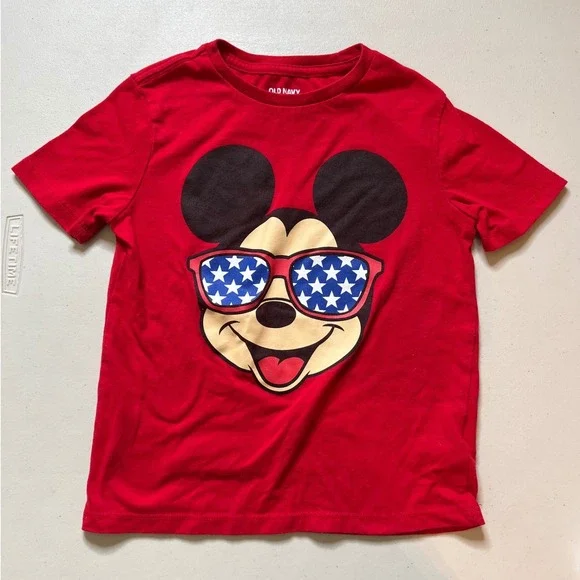 Old Navy Boys Disney Mickey Mouse Star Sunglasses Red Graphic Tee S‎ 6-7