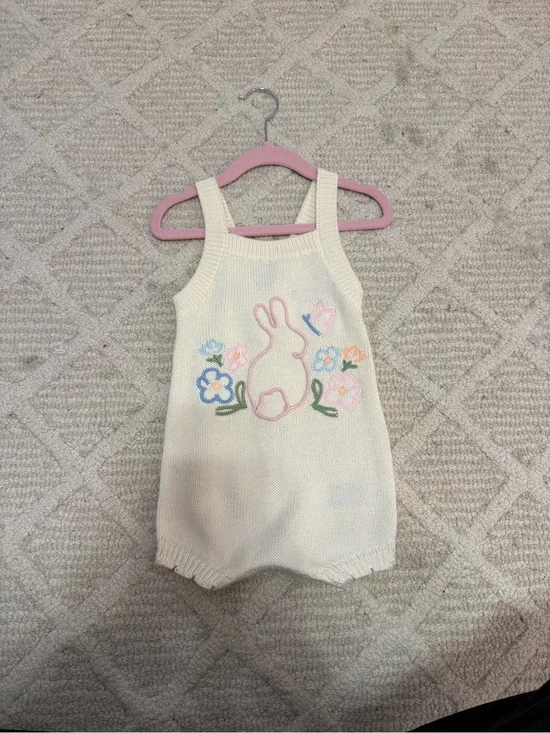 Old Navy Cream Knit Baby Romper with Bunny & Floral Embroidery