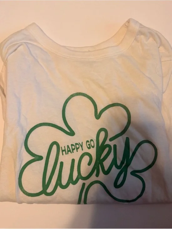 Old Navy White Kids Tee with Green Shamrock 'Happy Go Lucky' Graphic