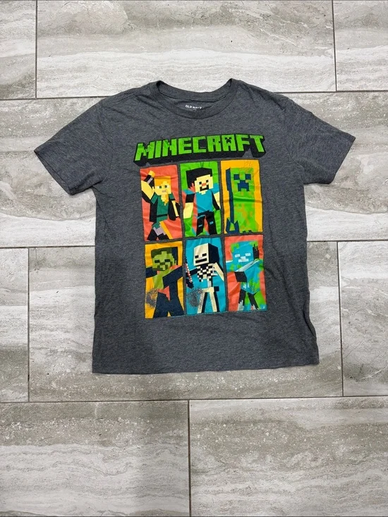 Old Navy Dark Gray Minecraft Short Sleeve Tee with Multicolor Character Grid