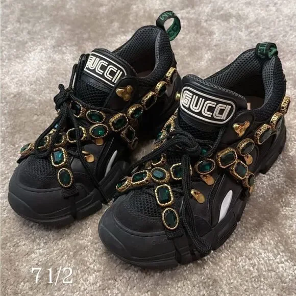 Brand new Gucci Black Mesh and Leather Flashtrek Reflective Removable Crystals