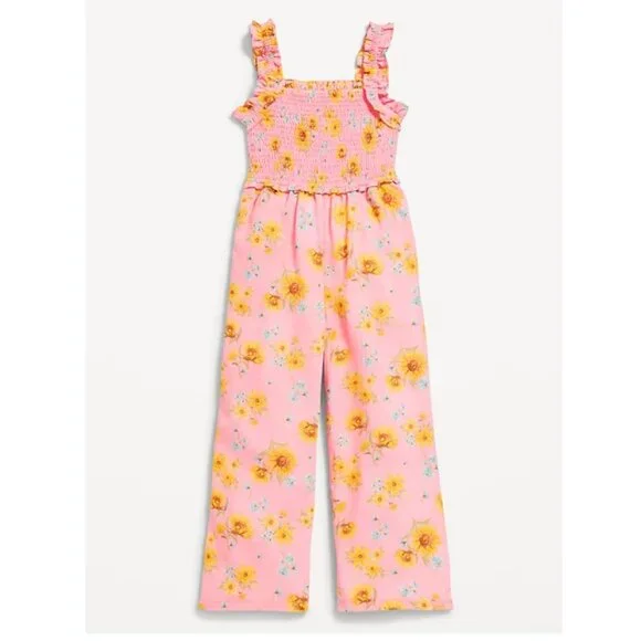 Old Navy Girls Sleeveless Smocked Ruffle-Trim Jumpsuit Pink Sunflower Romper NWT