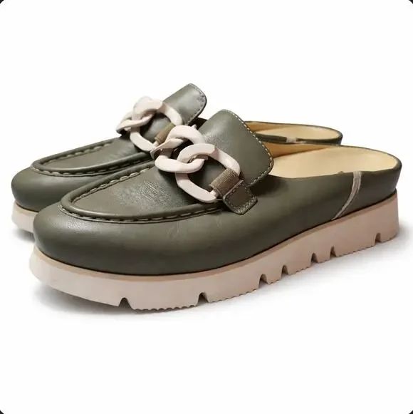 Softwaves Carlisa Olive Green Leather Chain Mule Loafers Sz 38 Arch Support