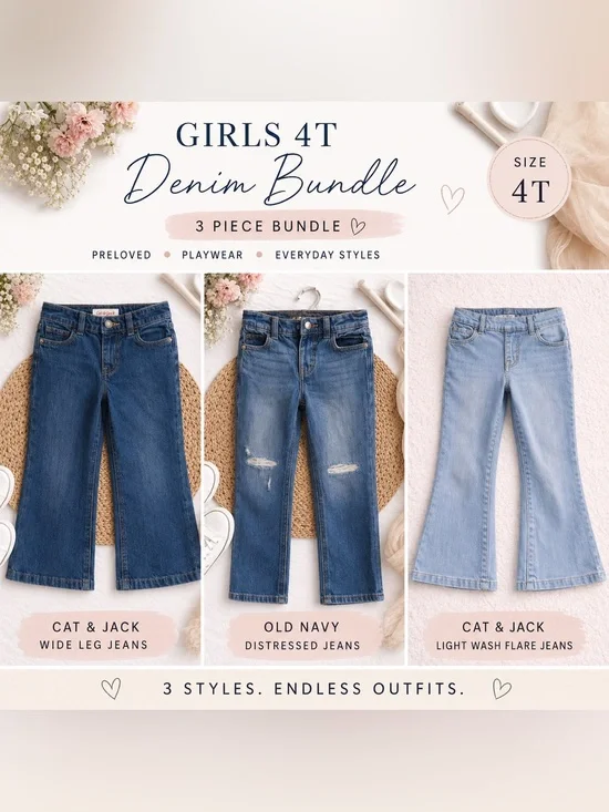 Girls 4T Denim Bundle Cat & Jack‎ Old Navy Jeans Lot Wide Leg Flare Distress