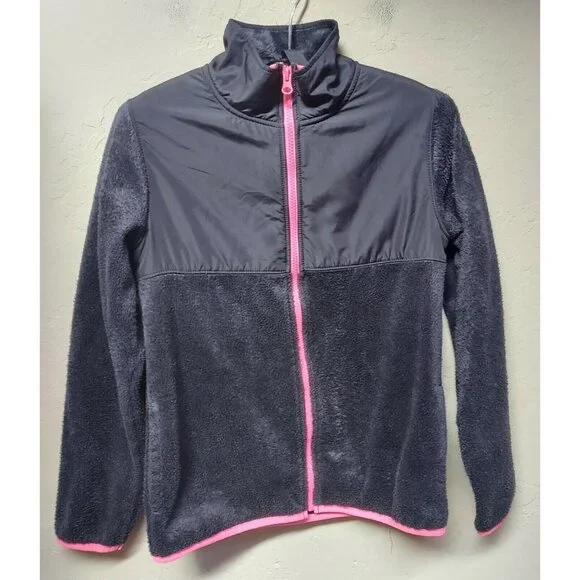 Old Navy 14 XL Full Zip Fleece Jacket Black & Pink High Neck Faux Fur Girls