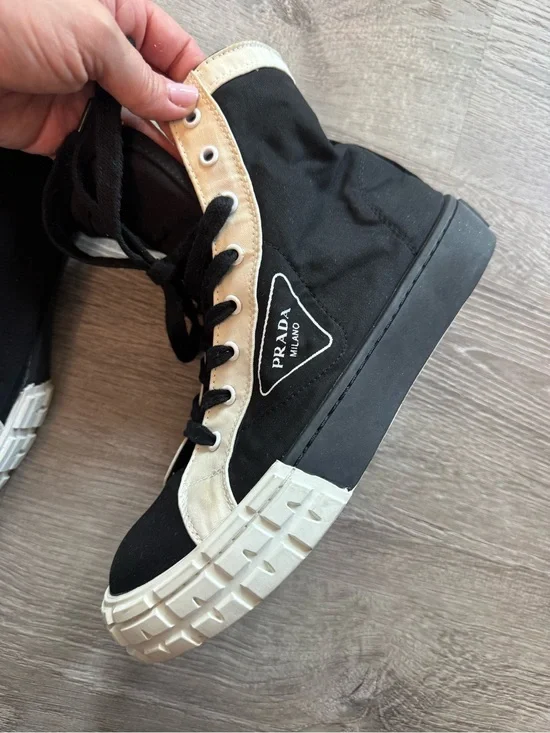 Prada Black Cloth High-Top Sneakers with White Trim