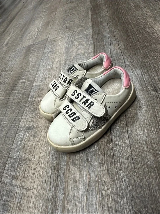 Golden Goose Kids White Sneakers with Pink Heel and Silver Glitter Star