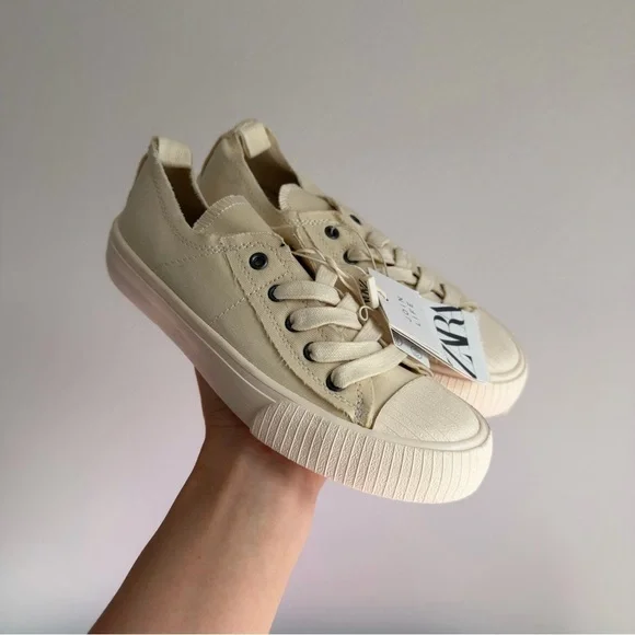 Zara Beige Canvas Lace-Up Sneakers Size 32, 1 Youth Unisex Kids