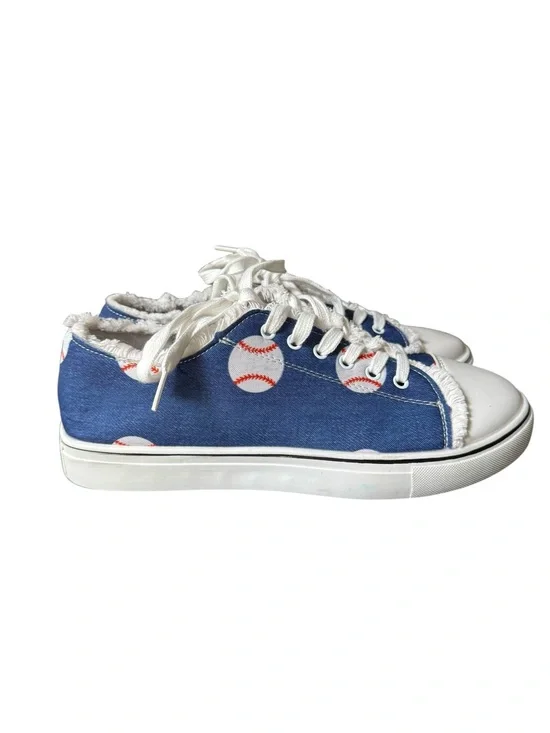 Women’s Canvas Denim Baseball Print Lace Up Sneakers Size 9.5 Blue White NWOT
