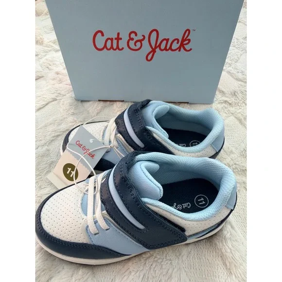 Cat & Jack Toddler Boys Blue White Sneakers Hook Loop Strap Shoes Size 11 NEW
