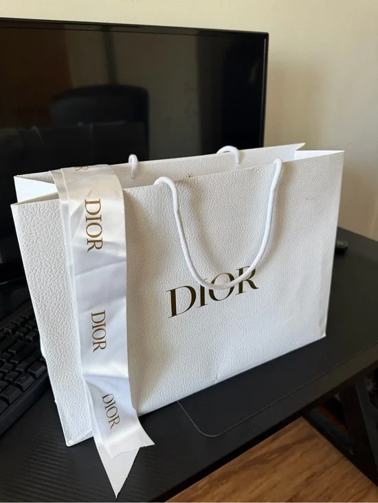 Dior White Gift Tote with Gold Logo and Ribbon