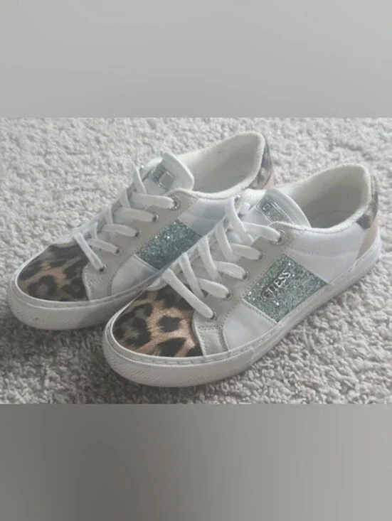 GUESS Women's White Sneakers with Leopard Print and Green Glitter Accents Size 8