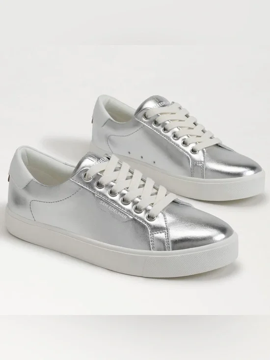 Sam Edelman Ethyl Lace Up Metallic Silver Leather Sneakers Size 9