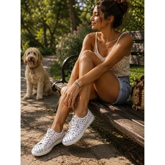 Skechers‎ BOBS Beach Bingo White Dog Print Sneakers 114776 Womens Size 8