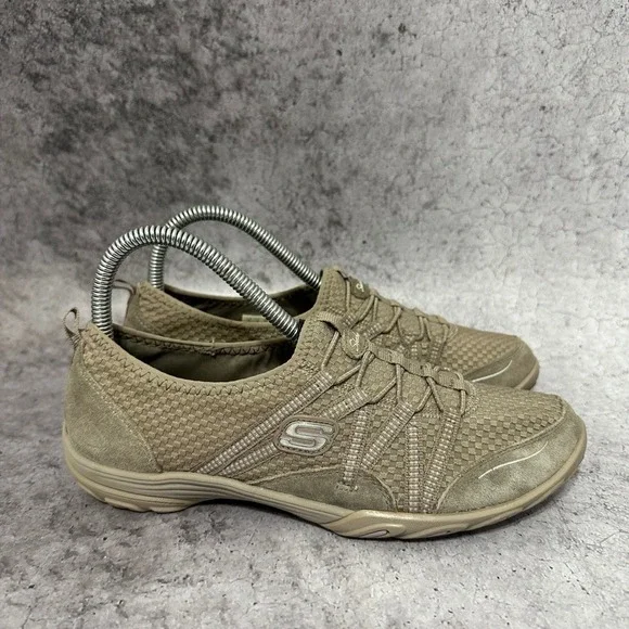 Skechers Breathe Easy Sneakers Womens 7 Taupe Slip On Mesh Suede Walking Shoes