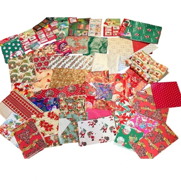 Vintage Christmas Gift Wrap Lot Wrapping Paper Bags Tags Santa Ephemera