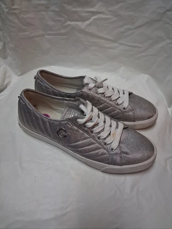 G By Guess Women's Glitter Lace-Up Casual Sneakers - Silver Size 8.5 Preowned