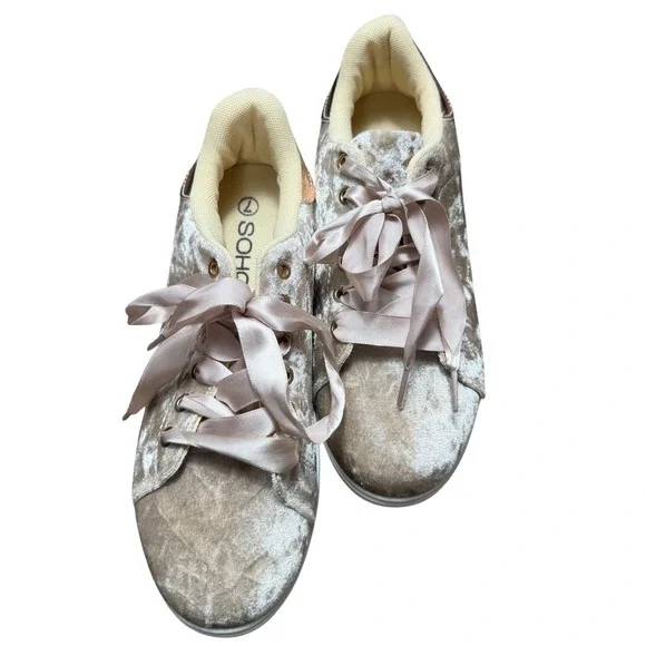 SOHO Girls Womens Velvet Sneakers Rose Gold Trim Ribbon‎ Laces Size 7