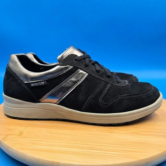 Mephisto Runoff Women's 9 Black‎ Suede Silver Metallic Walking Shoes Sneakers