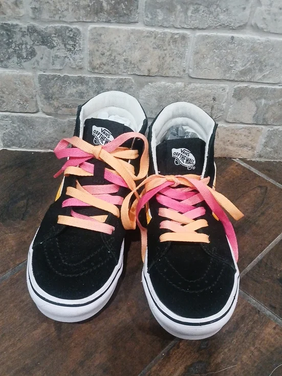 Vans Size 13.5 Girls Black High-Top Sneakers with Pink & Orange Ombre Laces