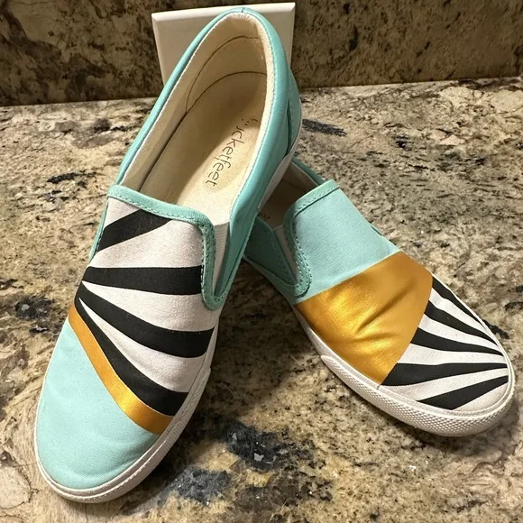 Bucket Feet canvas, and leather‎ Aqua and Gold Slip-On Shoes