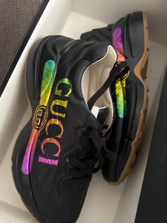 Gucci Black Leather Sneakers with Rainbow Logo Accents