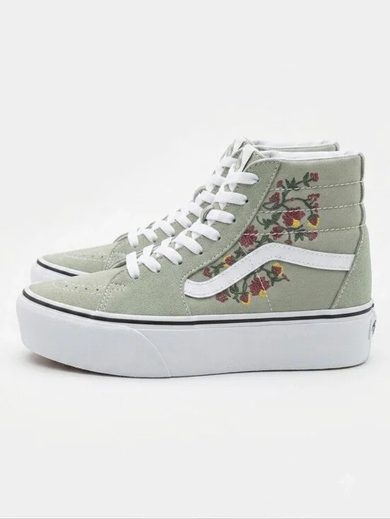 [[Vans]] Sk8-Hi Platform Floral Embroidered High-Top Sneakers - Sage