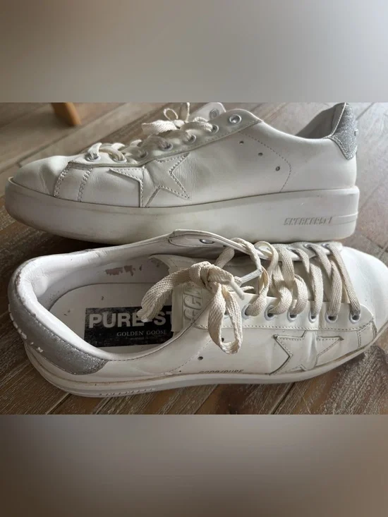 Golden Goose White Leather Platform Sneakers with Silver Heel
