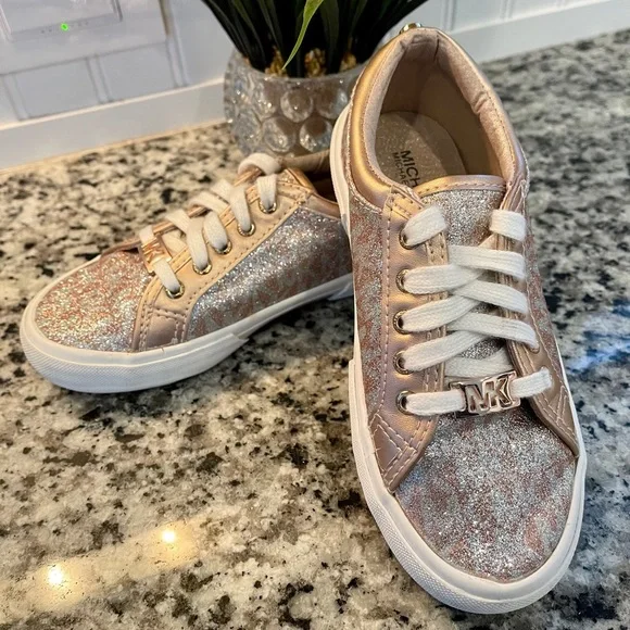 Michael Kors Girls Rose Gold Glitter Monogram Sneakers Size 13 Little Kid