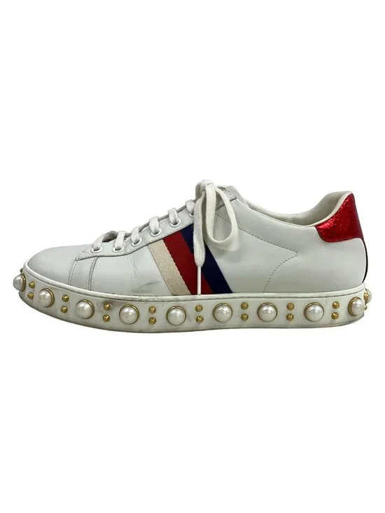 Gucci Sneakers 39 White Bordeaux Navy Studs Pearl Leather