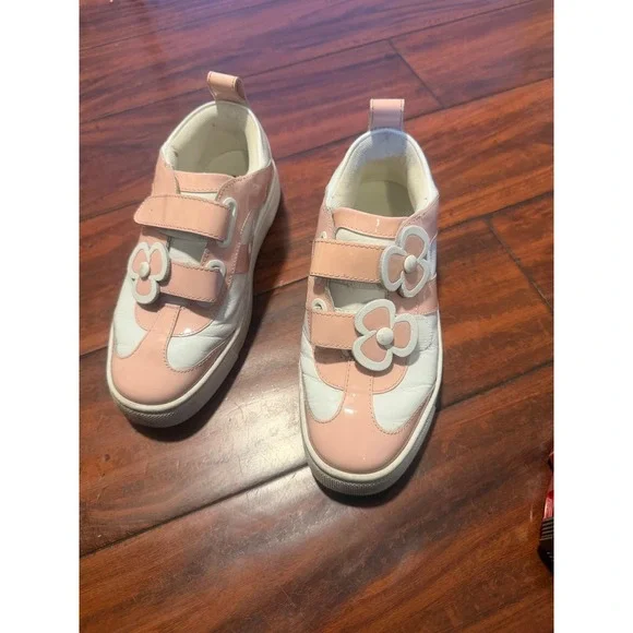 Christian Louboutin Kids Pink White Patent Leather Floral Sneakers 33