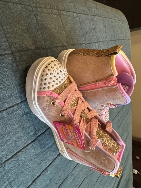 Skechers Girls Pink and Gold Glitter High-Top Sneakers