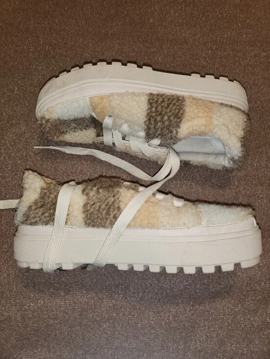 Toms Sherpa Platform Sneakers in Cream and Brown Plaid