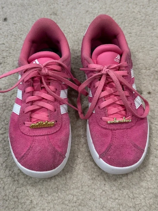 adidas Kids Pink Suede Sneakers with White Stripes