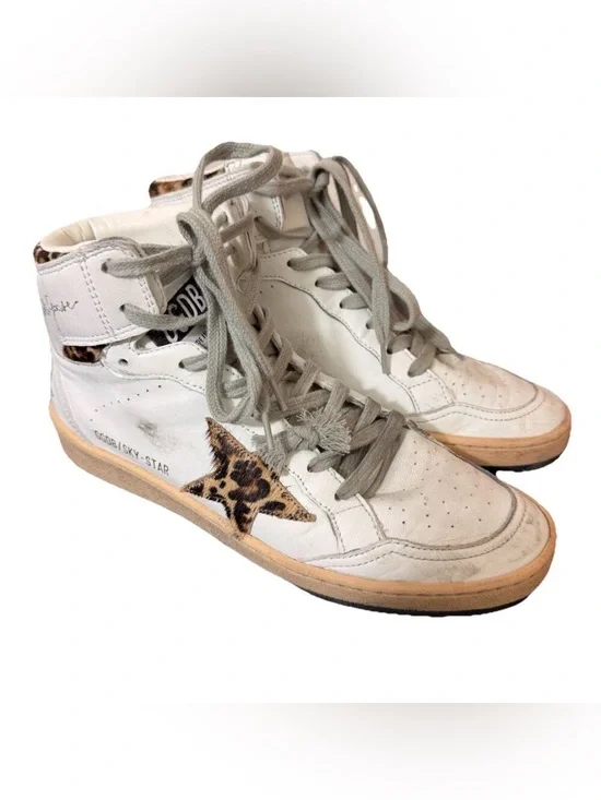 Golden Goose High Top Sneakers Womens Sz 38 Sky Star Signature Pony Hair Leopard