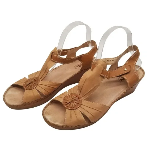 Pikolinos Women Tan Leather‎ T-Strap Wedge Sandals  41 Floral Cutout Peep Toe