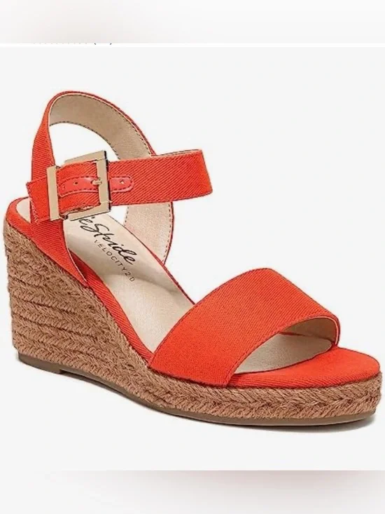 NWT Life Stride Orange Espadrille Wedge Sandal with Ankle Strap Size 8W