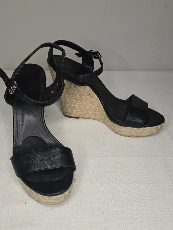 Michael Kors Black Leather Espadrille Wedge Sandals
