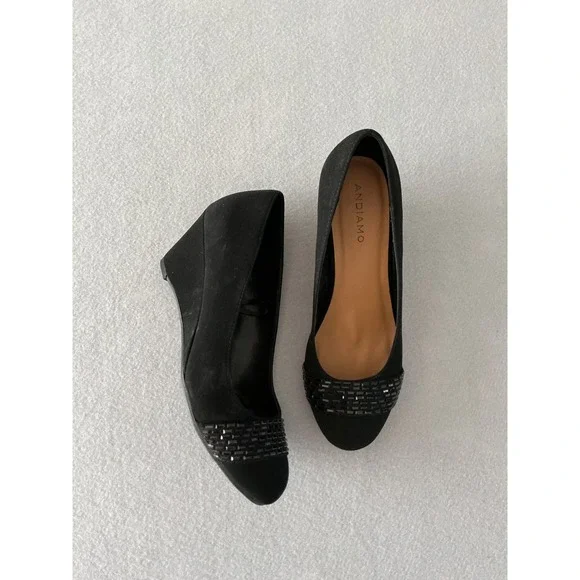 Andiamo Wedge Pumps Size 10 Black Beaded Toe Slip On Shoes