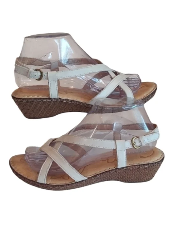 Born Sling Back Sandal Strappy Open Toe Leather Crisscross Wedge Low Stack Heels