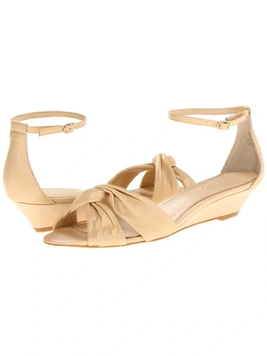 Lauren Ralph Lauren Mireya beige leather knot ankle strap wedge sandals.