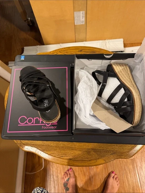 Corkys Black Strappy Espadrille Wedge Sandals