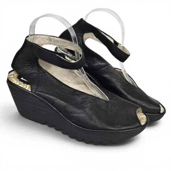 Fly London Yala EU 40 US 9.5 Black Leather Peep Toe Platform Wedge Sandals