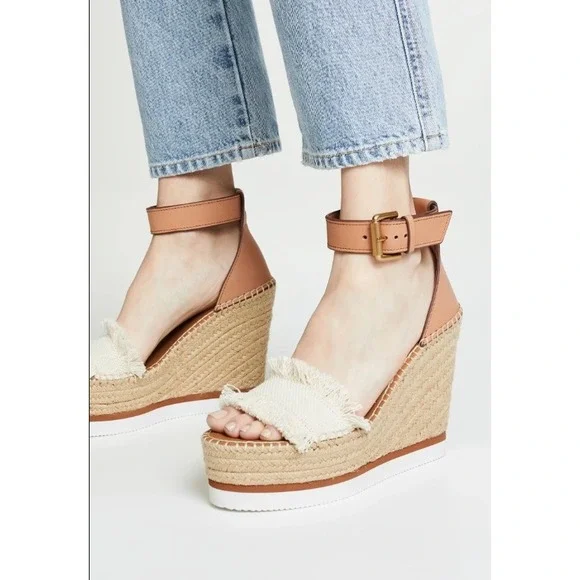 See By Chloe Glyn Espadrille Wedge Sandals Tan Fringed Canvas‎ Womens 38 7.5