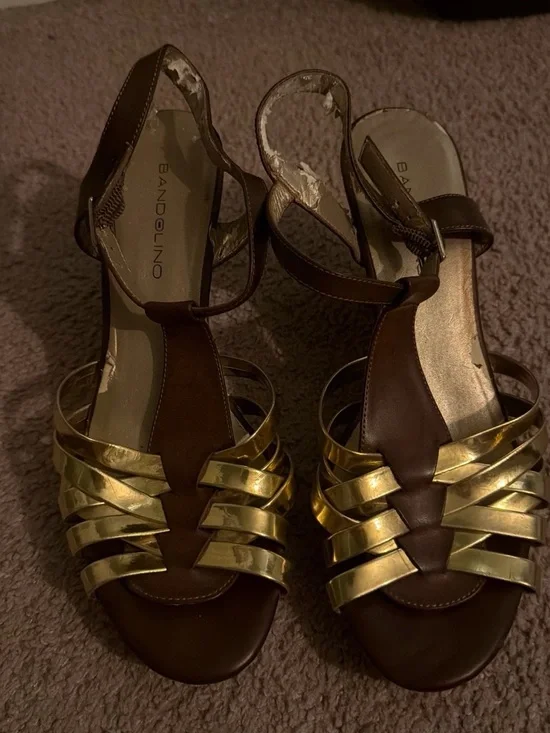 Bandolino Brown and Gold Wedge Sandals