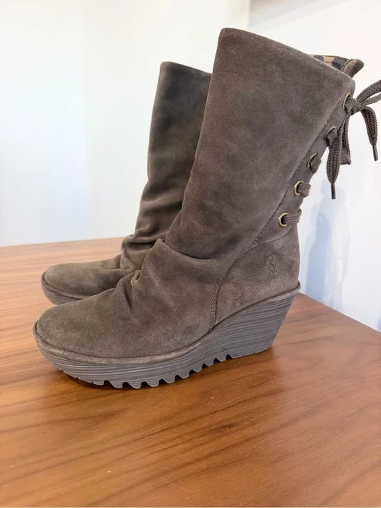 Fly London Yada Suede Wedge Mid-Calf Boot olive green Brown