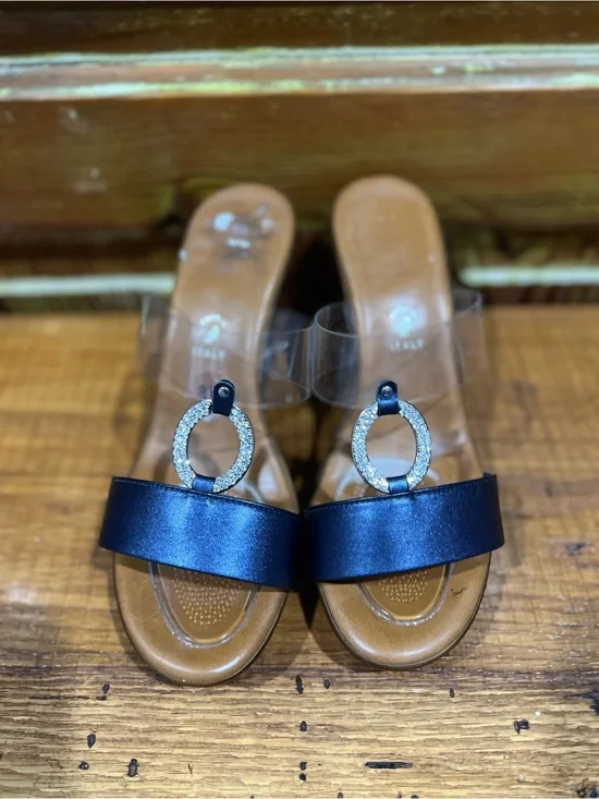Navy & Clear Strap Wedges with Rhinestone Accent