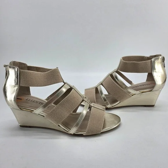 Ellen Tracy Darcie Wedge‎ Sandals Gold Metallic Beige Strappy Stretch Shoes 7 M