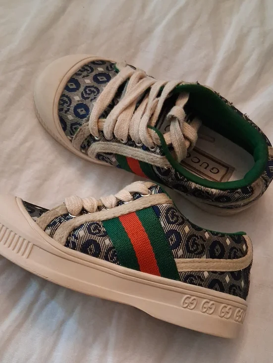 Authentic Gucci Kids Blue Monogram Sneakers with Green & Red Stripe